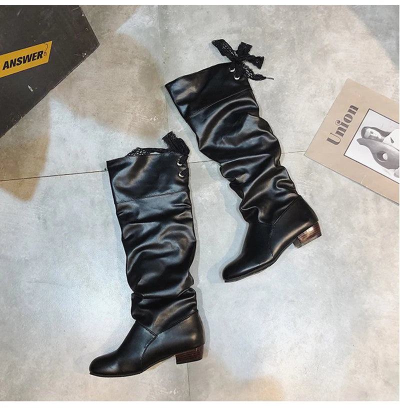 2023 Women’s Knee-High Leather Boots – Red, Black & White Pleated Tall Boots with Low Heel for Casual Streetwear