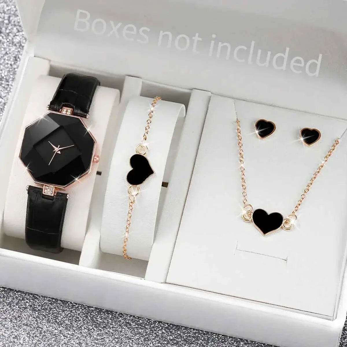 5PCS Set Women's Leather Band Watches Fashion Analog Quartz with Heart Jewelry Set - BON's