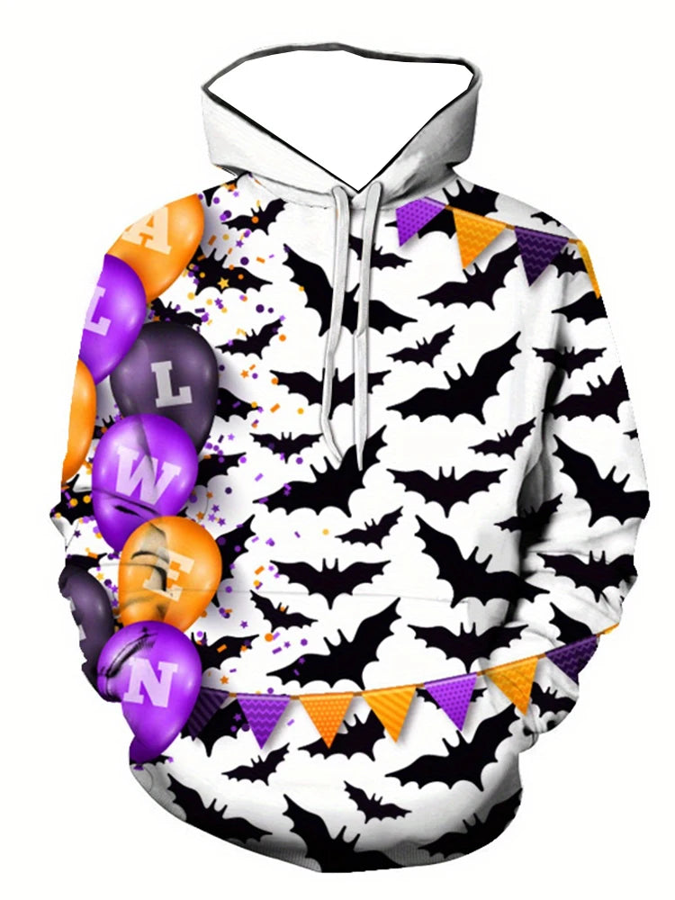 Men’s Halloween Hoodie – 3D Pumpkin & Bat Print | Autumn Winter Pullover Sweatshirt with Hood