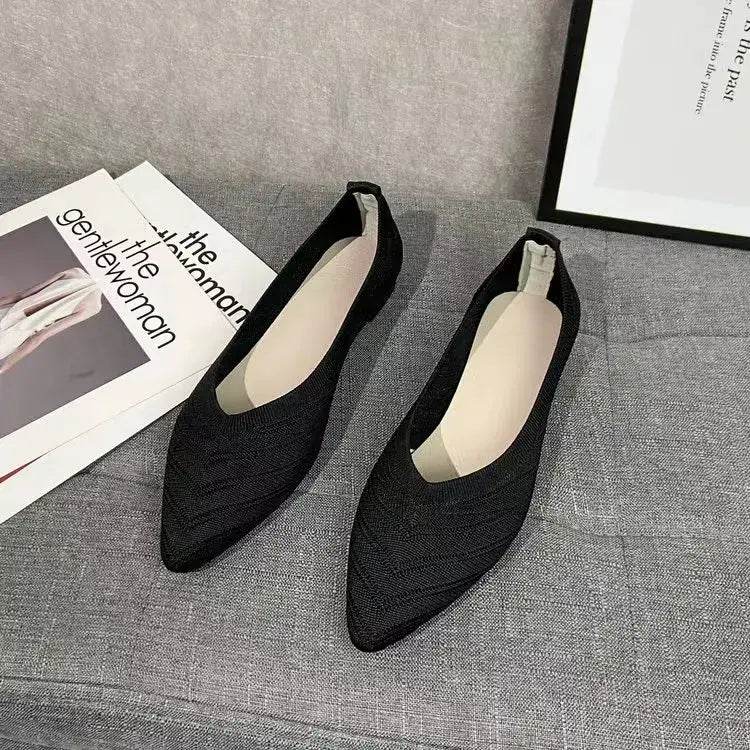 Women Pointed Toe Flat Shoes 2025 New Solid Color Knitted Slip on Shoes Casual Breathable Ballet Flats Women Flat Loafers Shoes - BON's