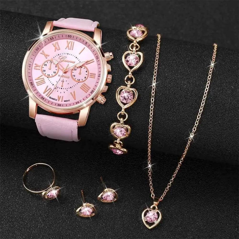 6PCS Women's Quartz Watch Set with Leather Band and Heart Rhinestone Jewelry Accents - BON's