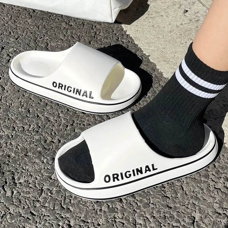 Feslishoet Women Letter Slippers Beach Slides Solid Color Mens Thick Sole Indoor Bathroom Anti Slip Shoes Summer Couple Sandals - BON's