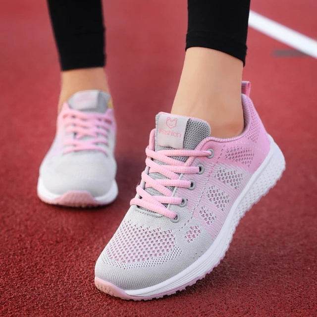 Women Breathable Casual Sneakers Lace Up Flat Walking Shoes - Pink, Black, White - BON's
