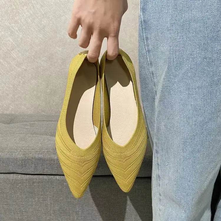 Women Pointed Toe Flat Shoes 2025 New Solid Color Knitted Slip on Shoes Casual Breathable Ballet Flats Women Flat Loafers Shoes - BON's