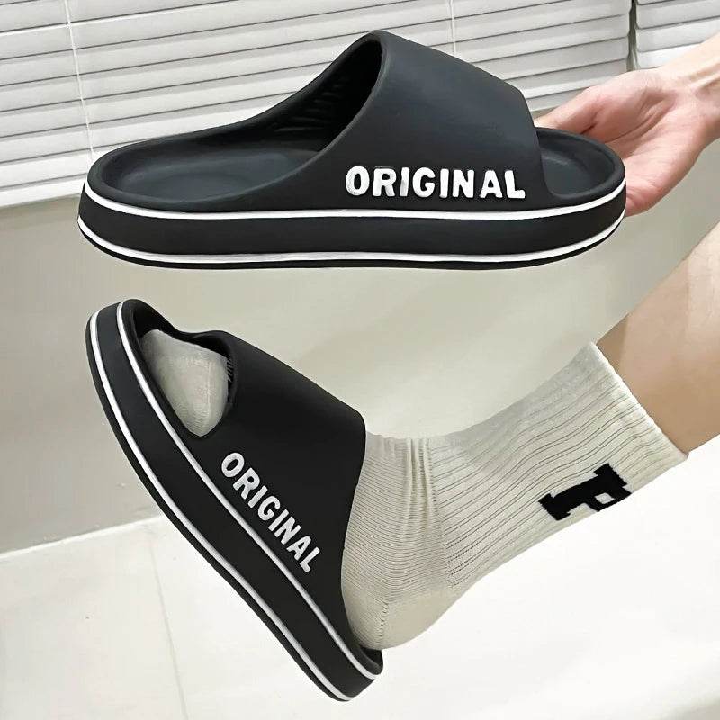 Feslishoet Women Letter Slippers Beach Slides Solid Color Mens Thick Sole Indoor Bathroom Anti Slip Shoes Summer Couple Sandals - BON's
