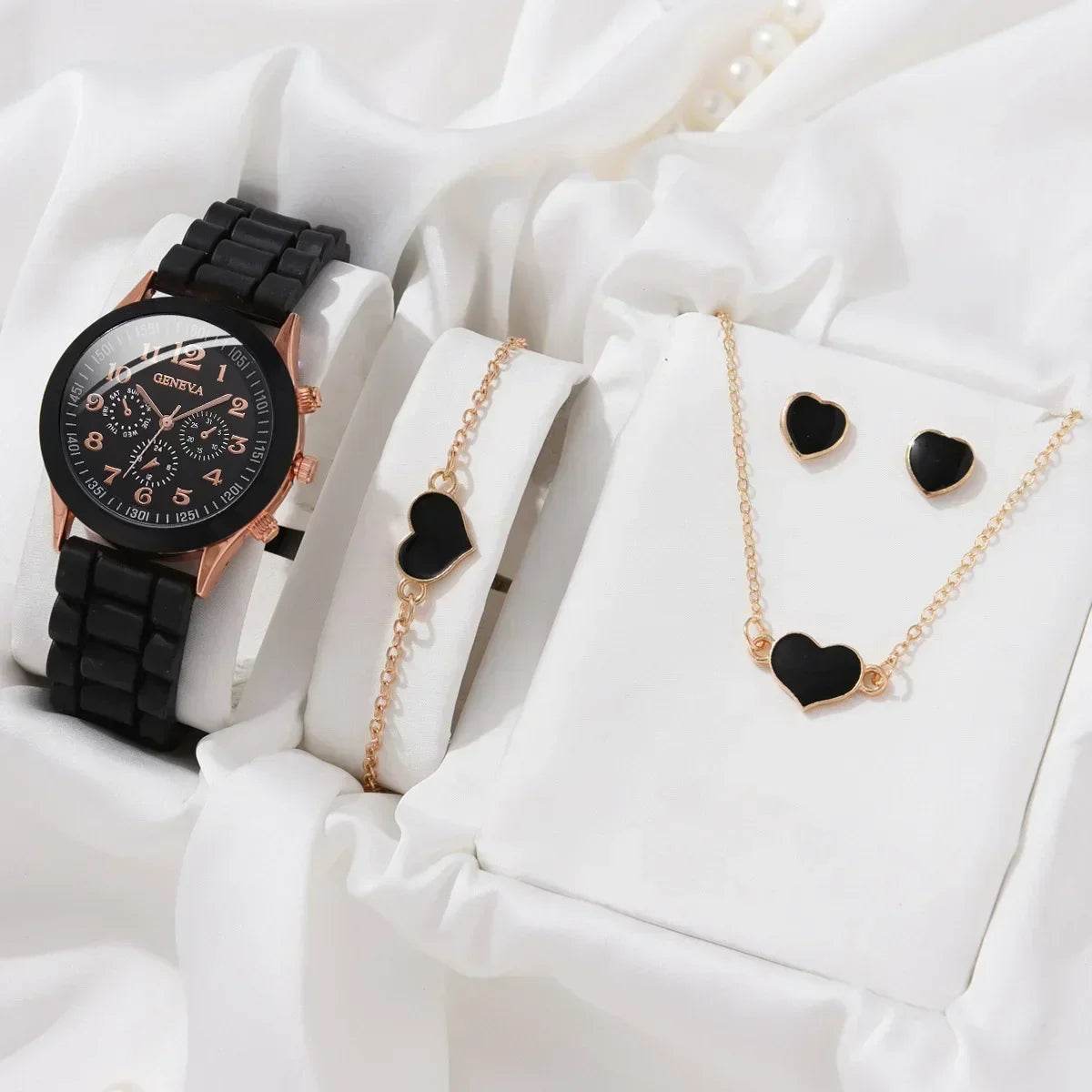 Luxury Women's Watch Set - 5PCS Rhinestone Jewelry Bracelet, Ring, Necklace, and Earrings for Casual Elegance - BON's
