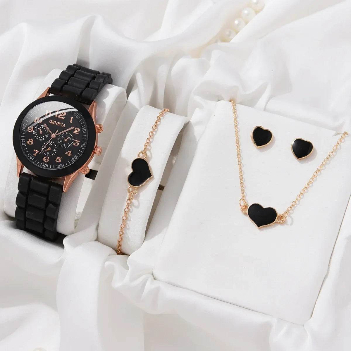 Luxury Women's Watch Set - 5PCS Rhinestone Jewelry Bracelet, Ring, Necklace, and Earrings for Casual Elegance - BON's