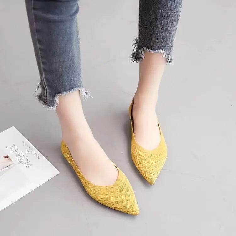 Women Pointed Toe Flat Shoes 2025 New Solid Color Knitted Slip on Shoes Casual Breathable Ballet Flats Women Flat Loafers Shoes - BON's