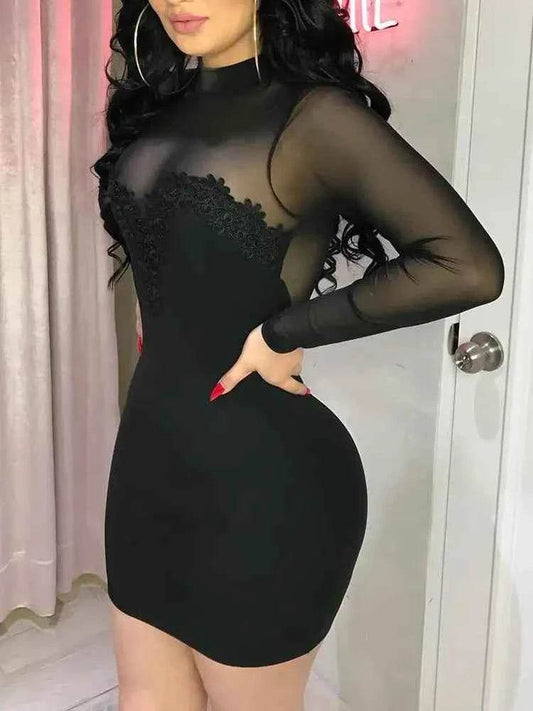 Women Lace Mock Neck Dress Solid Color Long Sleeve See Through Mesh for Cocktail Parties Bars Night Clubs - BON's