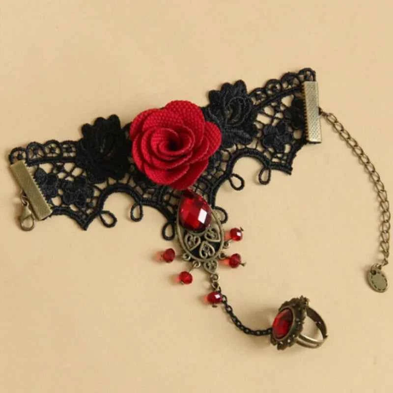 Steampunk Gothic Lace Rose Bracelet – Vampire-Inspired Halloween Jewelry for Women’s Cosplay & Costume Props