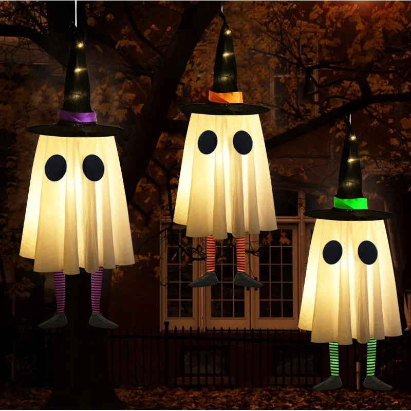 Glowing Hanging Ghost & Witch Hat Lights – Outdoor Halloween Decorations for Trees, Garden & Yard