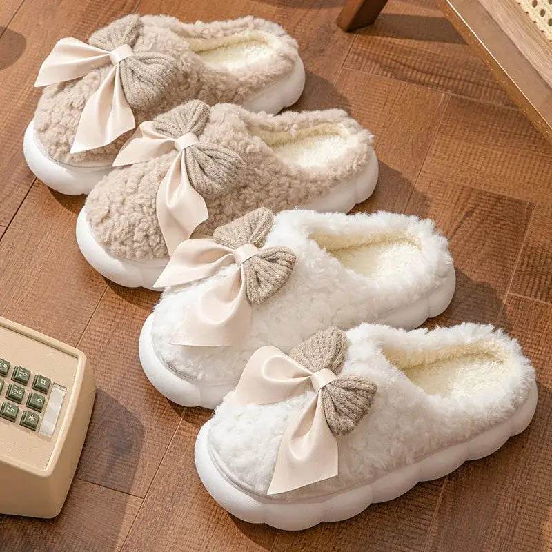 Winter Fur Slippers for Women with Cute Bow - Non-Slip Soft Plush Comfort Flat Heel Indoor Shoes - BON's