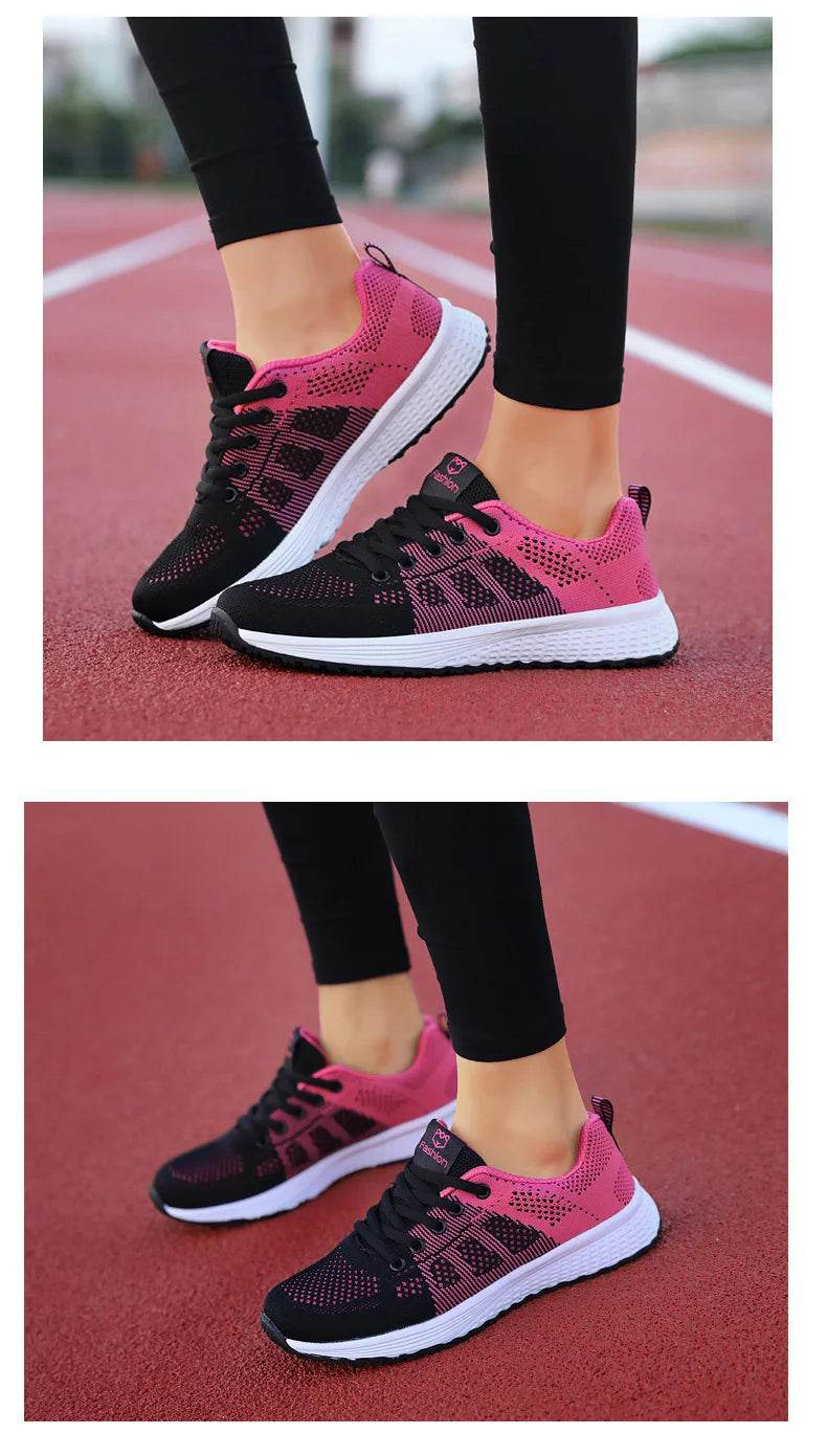 Women Breathable Casual Sneakers Lace Up Flat Walking Shoes - Pink, Black, White - BON's
