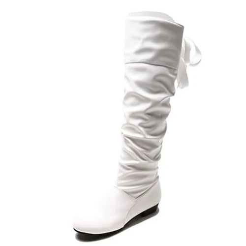 2023 Women’s Knee-High Leather Boots – Red, Black & White Pleated Tall Boots with Low Heel for Casual Streetwear