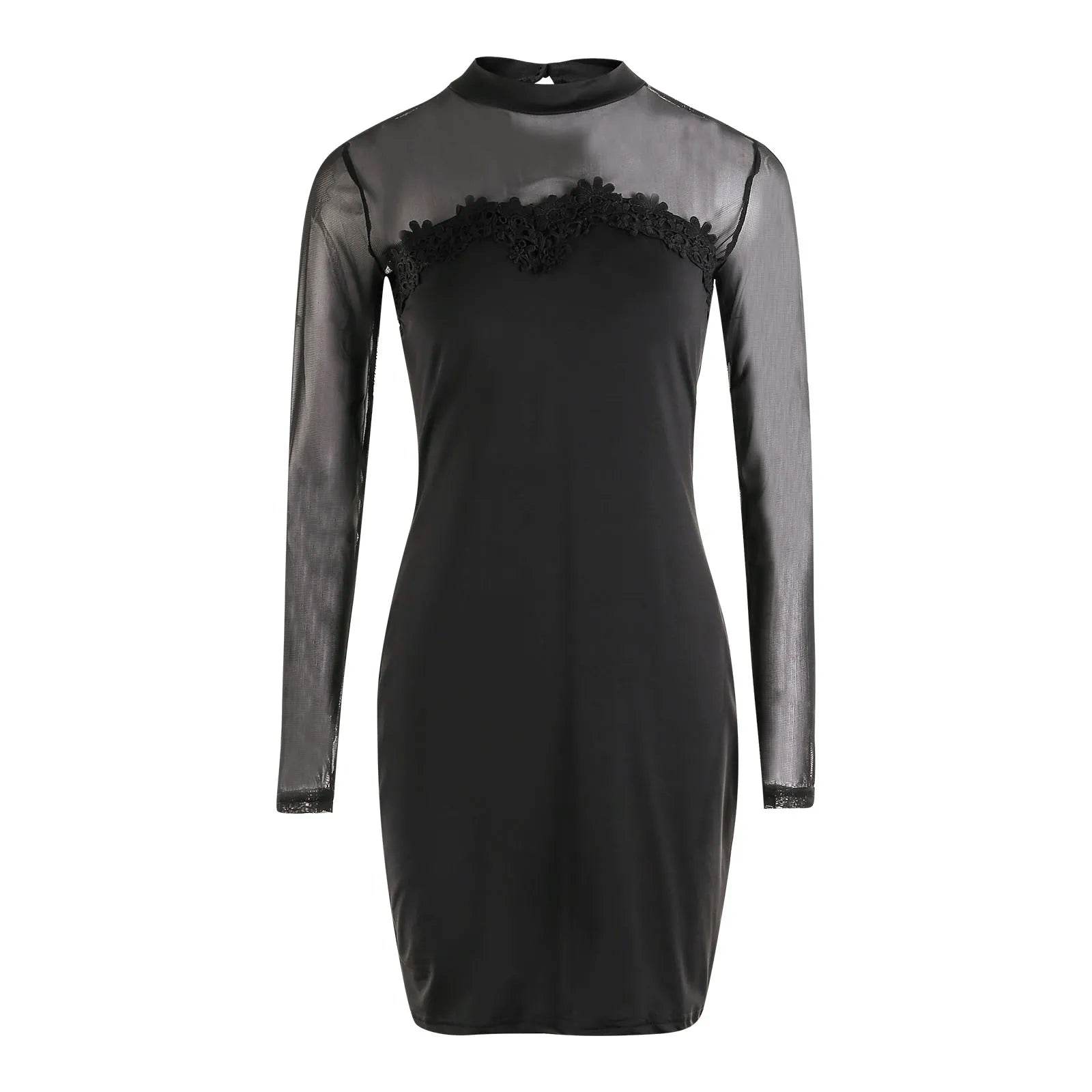 Women Lace Mock Neck Dress Solid Color Long Sleeve See Through Mesh for Cocktail Parties Bars Night Clubs - BON's