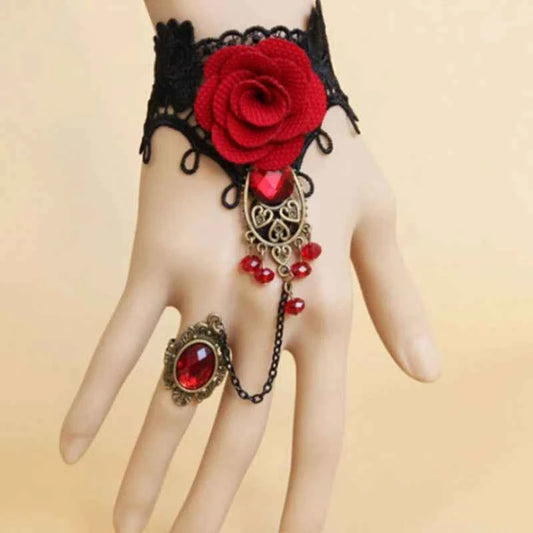 Steampunk Gothic Lace Rose Bracelet – Vampire-Inspired Halloween Jewelry for Women’s Cosplay & Costume Props