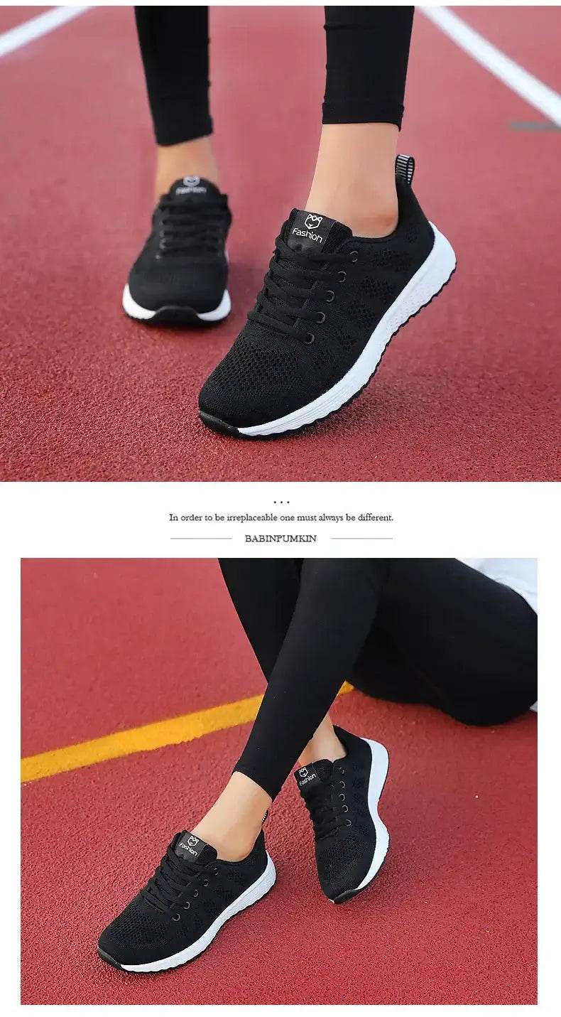 Women Breathable Casual Sneakers Lace Up Flat Walking Shoes - Pink, Black, White - BON's