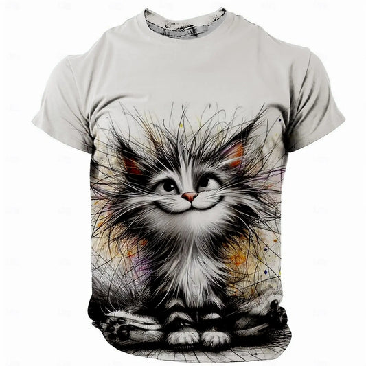 Men’s Funny Cat T-Shirt – 3D Print Crew Neck | Retro Vintage Short Sleeve for Spring & Summer Streetwear