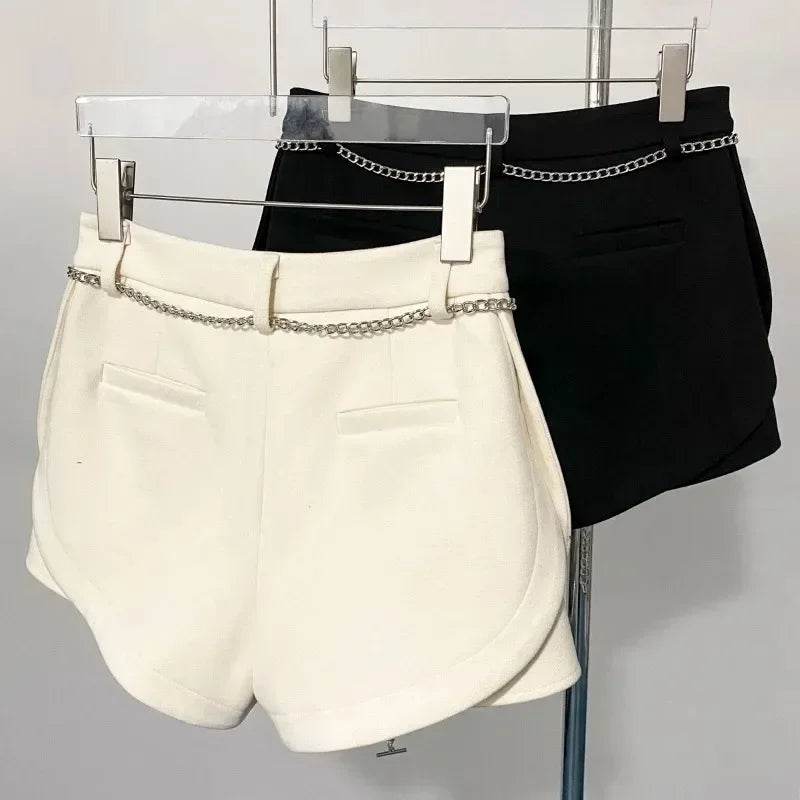 Pantalones Cortos De Mujer Patchwork Shorts for Women New Bottoms Letter Chain High Waist Slim Fit Korean Woolen Pants - BON's