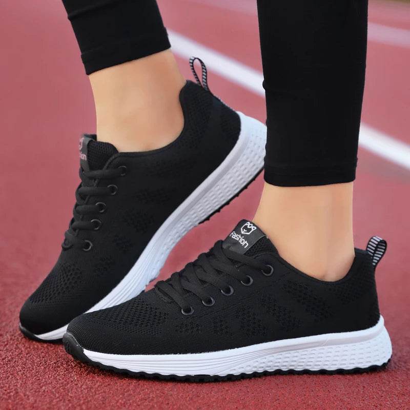 Women Breathable Casual Sneakers Lace Up Flat Walking Shoes - Pink, Black, White - BON's