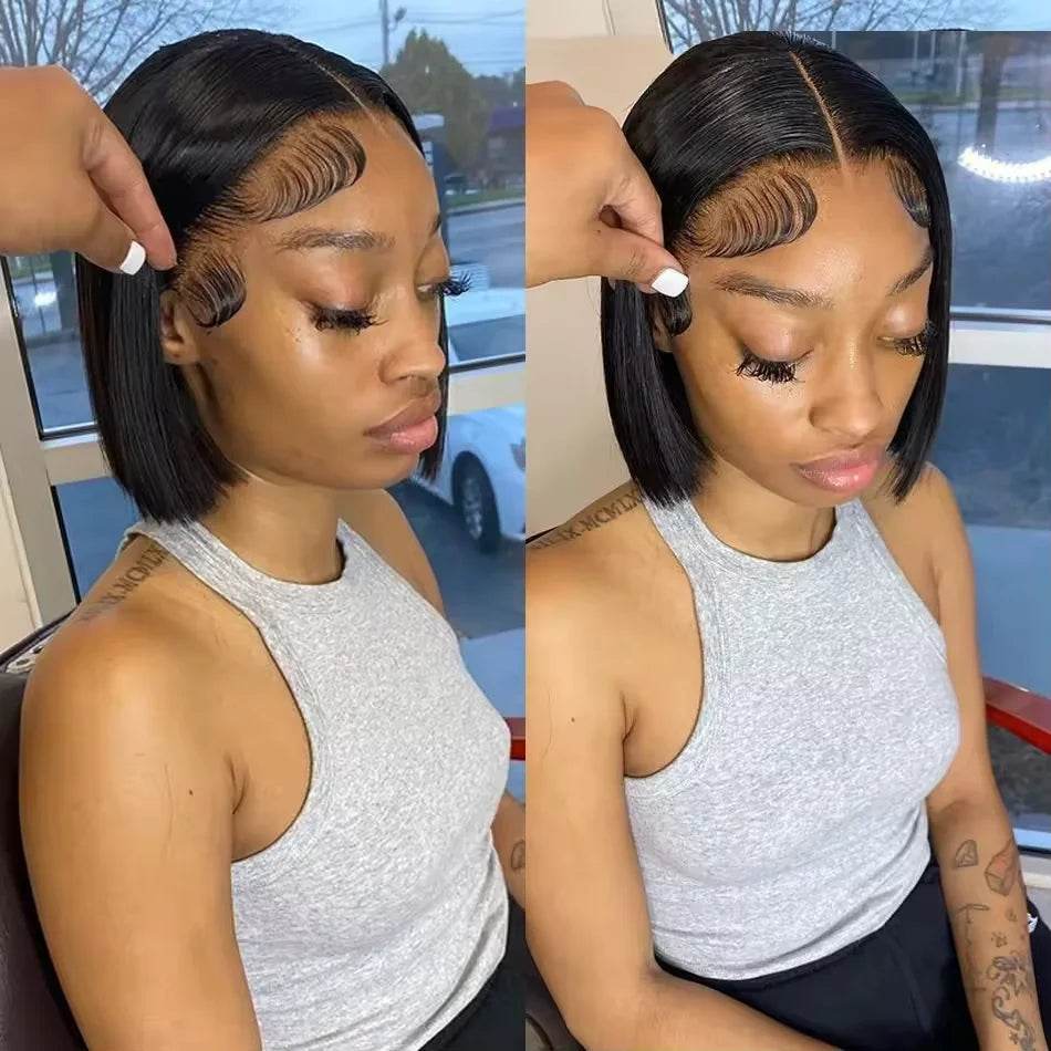 16 Inch Short Straight Bob Wig Human 13x4 Lace Transparent 200% Frontal Hair Bob Wig PrePlucked Lace Front Human Hair Wigs - BON's