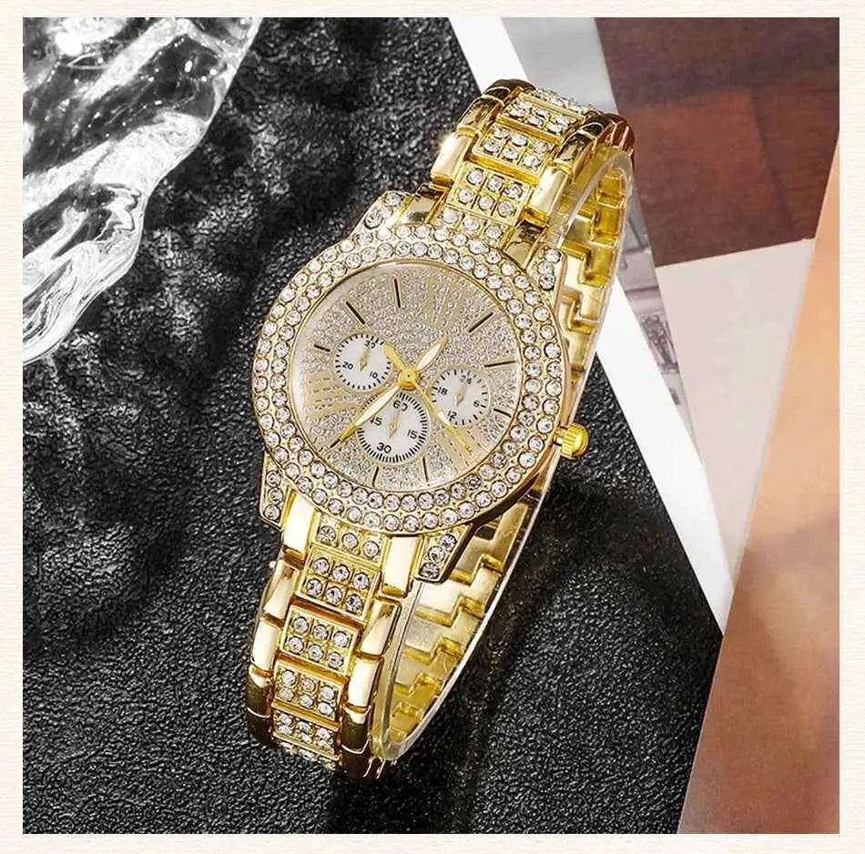 Women's Luxury Watches Set - Gold Quartz Watch, Ring, Necklace, and Earring Jewelry Set - BON's