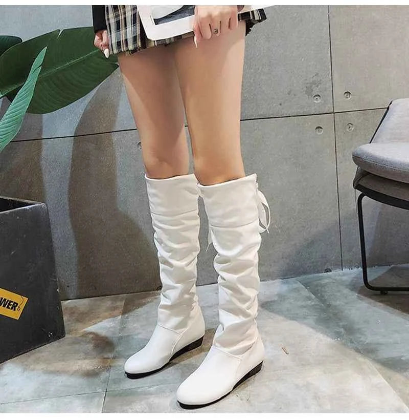 2023 Women’s Knee-High Leather Boots – Red, Black & White Pleated Tall Boots with Low Heel for Casual Streetwear