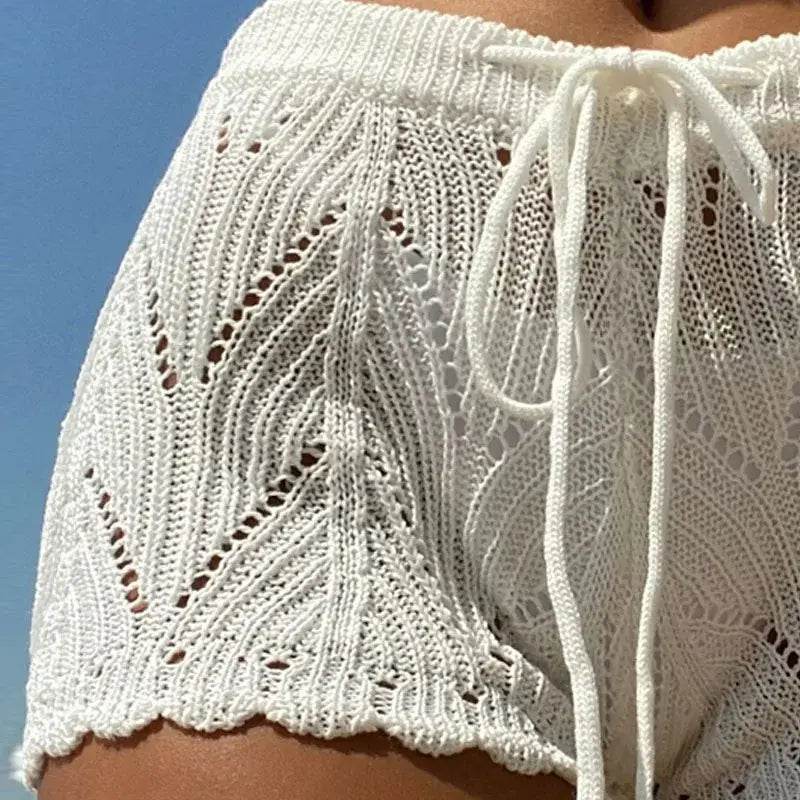 Polyester100.00% Hollow Drawstring Open Waist Knitted Bikini Blocked Women's Shorts - BON's