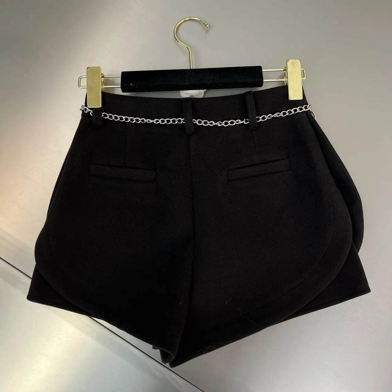 Pantalones Cortos De Mujer Patchwork Shorts for Women New Bottoms Letter Chain High Waist Slim Fit Korean Woolen Pants - BON's
