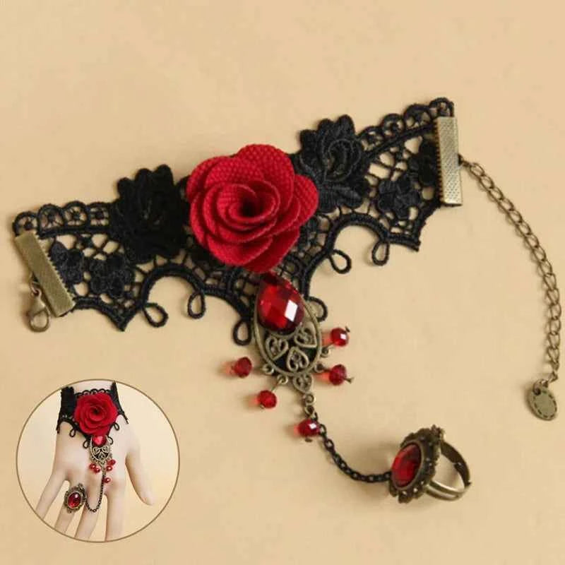 Steampunk Gothic Lace Rose Bracelet – Vampire-Inspired Halloween Jewelry for Women’s Cosplay & Costume Props