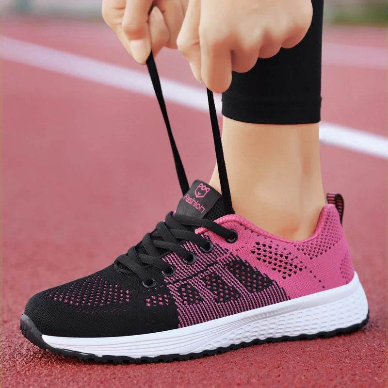 Women Breathable Casual Sneakers Lace Up Flat Walking Shoes - Pink, Black, White - BON's