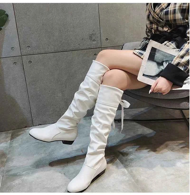 2023 Women’s Knee-High Leather Boots – Red, Black & White Pleated Tall Boots with Low Heel for Casual Streetwear