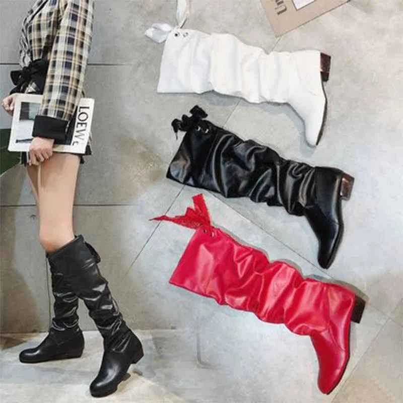 2023 Women’s Knee-High Leather Boots – Red, Black & White Pleated Tall Boots with Low Heel for Casual Streetwear