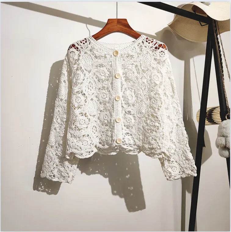 Korean Lace Cardigan for Women - 2024 Spring and Summer O Neck Long Sleeve Casual Hollow Shawl Cotton Top - BON's