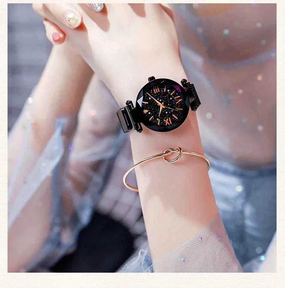 Women's Starry Sky Watch with Magnet Buckle Mesh Belt and Diamond Accents - BON's