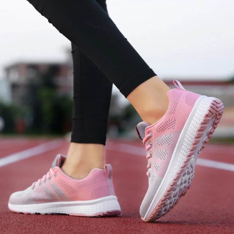 Women Breathable Casual Sneakers Lace Up Flat Walking Shoes - Pink, Black, White - BON's