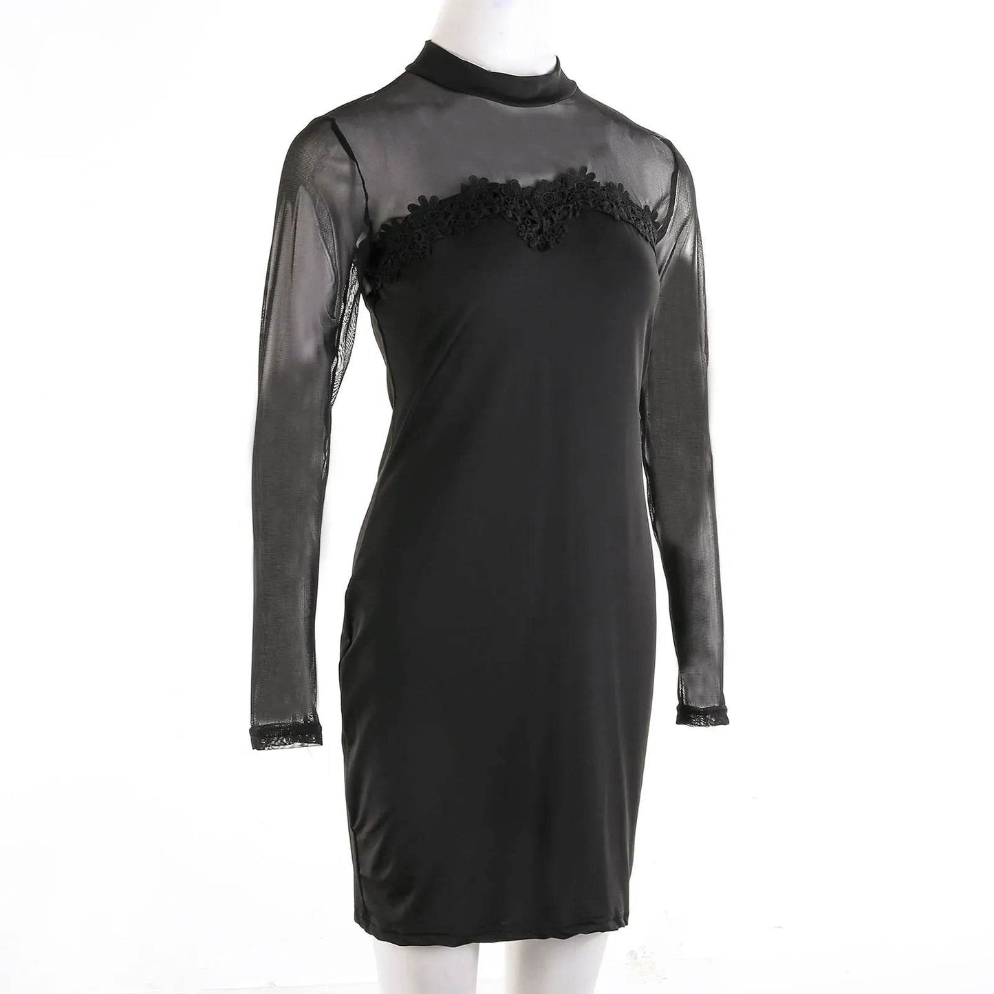 Women Lace Mock Neck Dress Solid Color Long Sleeve See Through Mesh for Cocktail Parties Bars Night Clubs - BON's