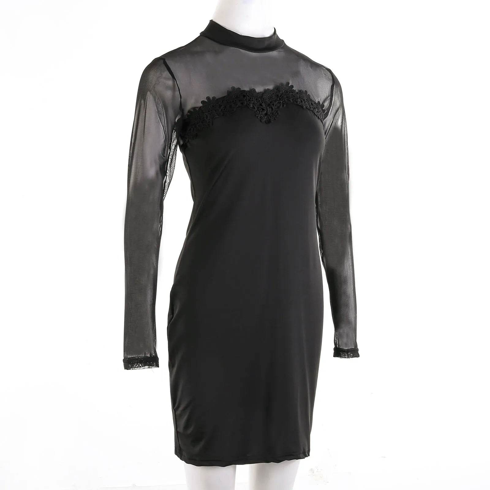 Women Lace Mock Neck Dress Solid Color Long Sleeve See Through Mesh for Cocktail Parties Bars Night Clubs - BON's