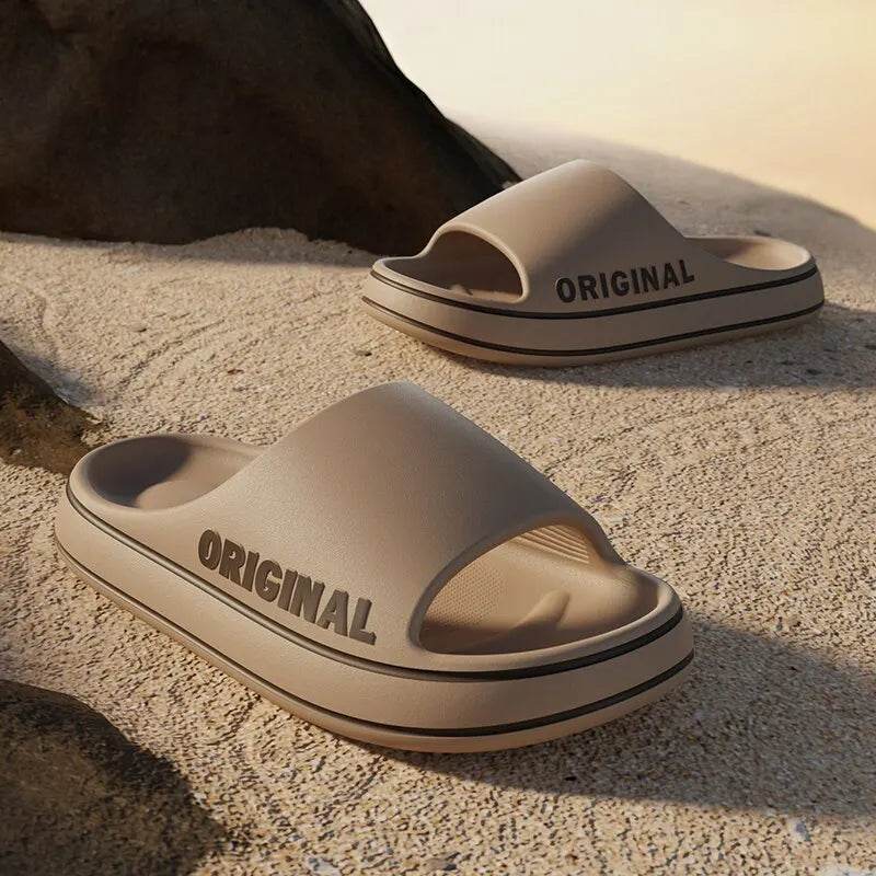 Feslishoet Women Letter Slippers Beach Slides Solid Color Mens Thick Sole Indoor Bathroom Anti Slip Shoes Summer Couple Sandals - BON's