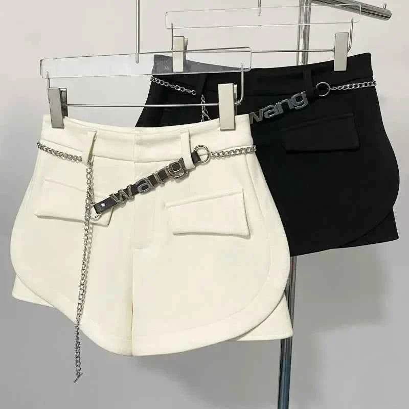 Pantalones Cortos De Mujer Patchwork Shorts for Women New Bottoms Letter Chain High Waist Slim Fit Korean Woolen Pants - BON's