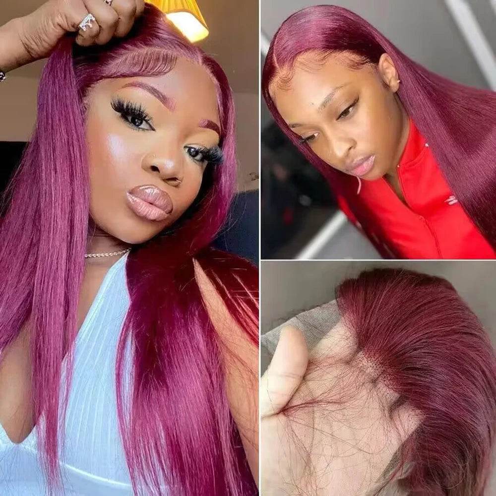 Burgundy Lace Frontal Wig 13x4 HD Straight Human Hair Wig 99J Colored 200% Full Density - BON's