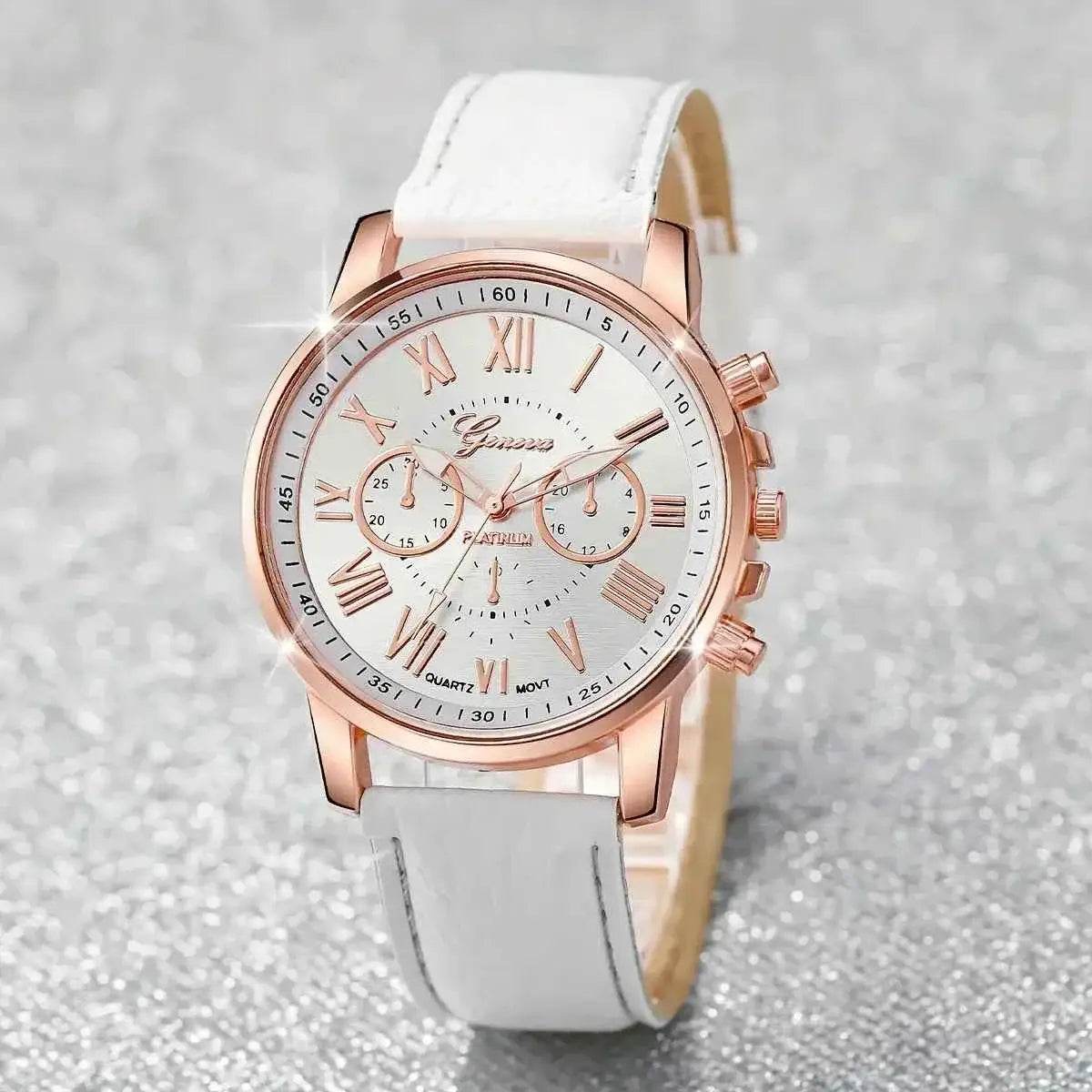 5pcs/set Women's Casual Quartz Watch Set with PU Leather Wrist Watch & Faux Pearl Jewelry, Perfect Gift for Mom - BON's
