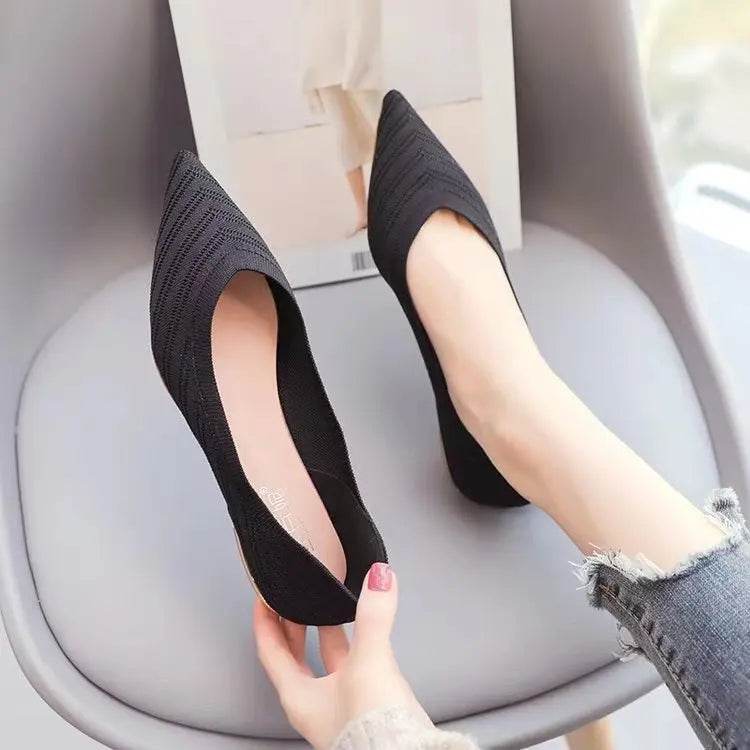 Women Pointed Toe Flat Shoes 2025 New Solid Color Knitted Slip on Shoes Casual Breathable Ballet Flats Women Flat Loafers Shoes - BON's