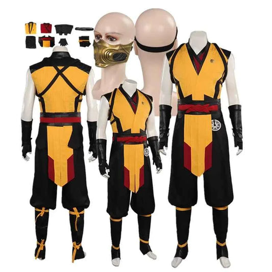 Scorpion Cosplay Mortal Disguise Kombat Costume Men Fantasia Role Play Vest Pants Belt Outfits Halloween Carnival Party Suit