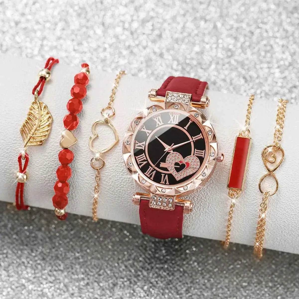 6PCS Women's Fashion Watch Set – Roma Heart Dial Leather Band Quartz Watches with Leaf Bracelets - BON's