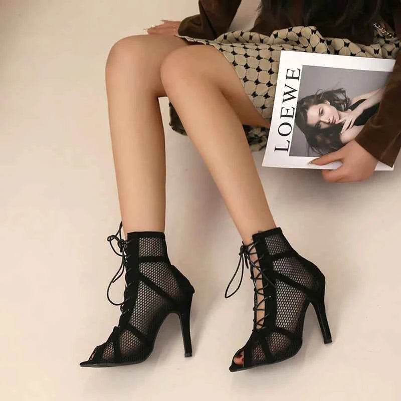 Sexy High Heels Hollow Mesh Sandals Women Summer Cross-tied Peep Toe Heeled Sandals Ankle Strap Dance Shoes Black Net Sandals - BON's