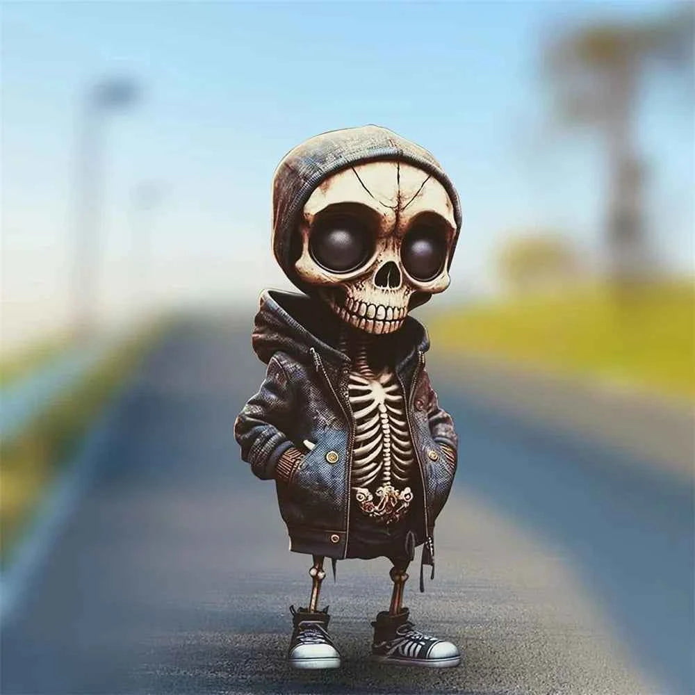 2024 2D New Cool Skeleton Figurines Halloween Black Skull Statue Doll Resin Decoration Car Pendant,Best Present for Friends