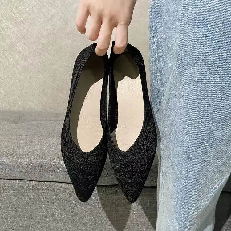Women Pointed Toe Flat Shoes 2025 New Solid Color Knitted Slip on Shoes Casual Breathable Ballet Flats Women Flat Loafers Shoes - BON's