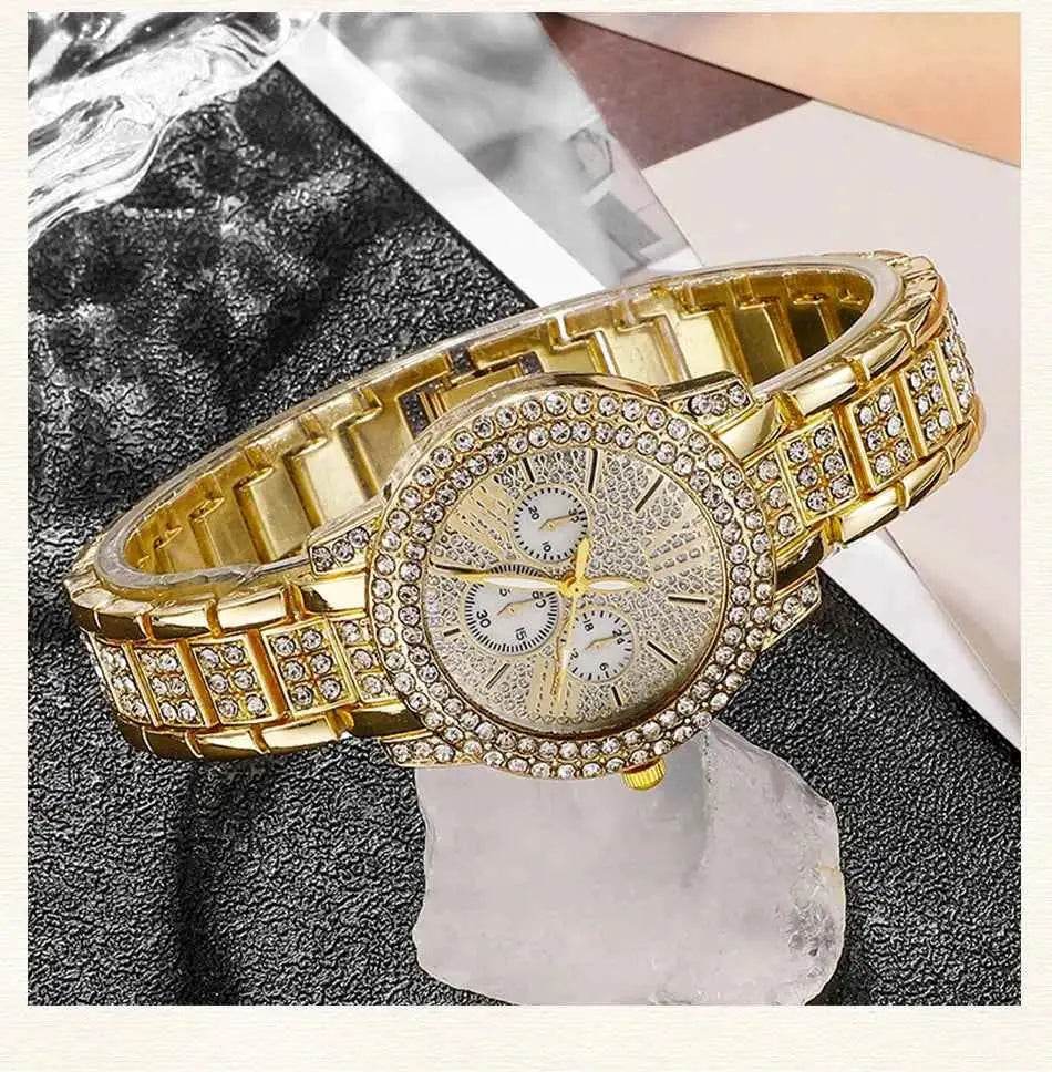 Women's Luxury Watches Set - Gold Quartz Watch, Ring, Necklace, and Earring Jewelry Set - BON's