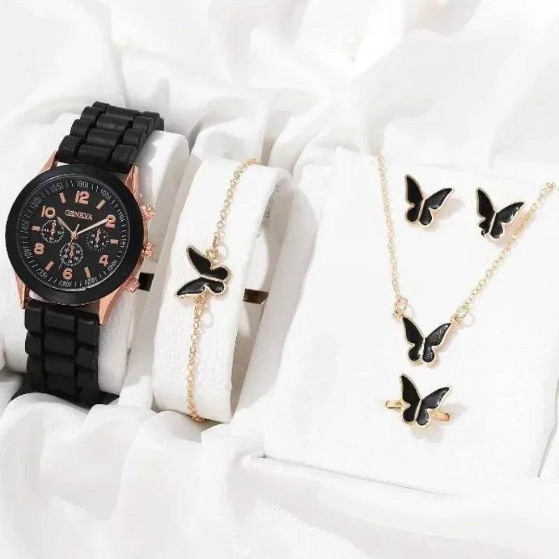 Luxury Women's Watch Set - 5PCS Rhinestone Jewelry Bracelet, Ring, Necklace, and Earrings for Casual Elegance - BON's